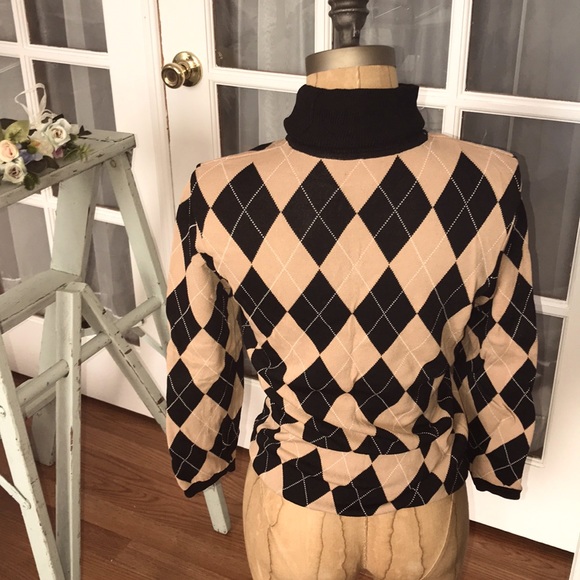INC tan and black argyle turtleneck sweater - Picture 2 of 3